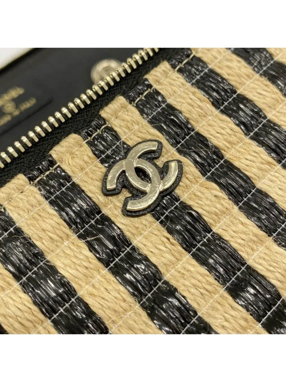 Chanel Shoulder Bag Raffia Beige Black Champagne Gold